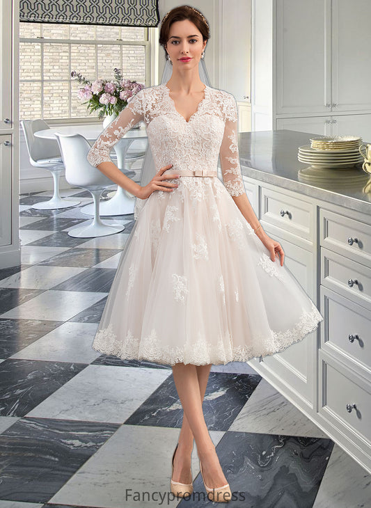 Camilla A-Line V-neck Knee-Length Tulle Wedding Dress With Bow(s) DRP0013737