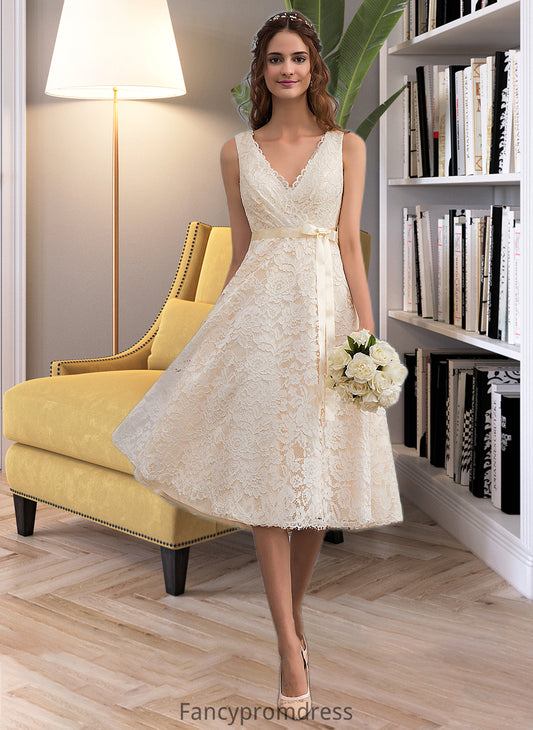 Teresa A-Line V-neck Knee-Length Lace Wedding Dress With Bow(s) DRP0013739