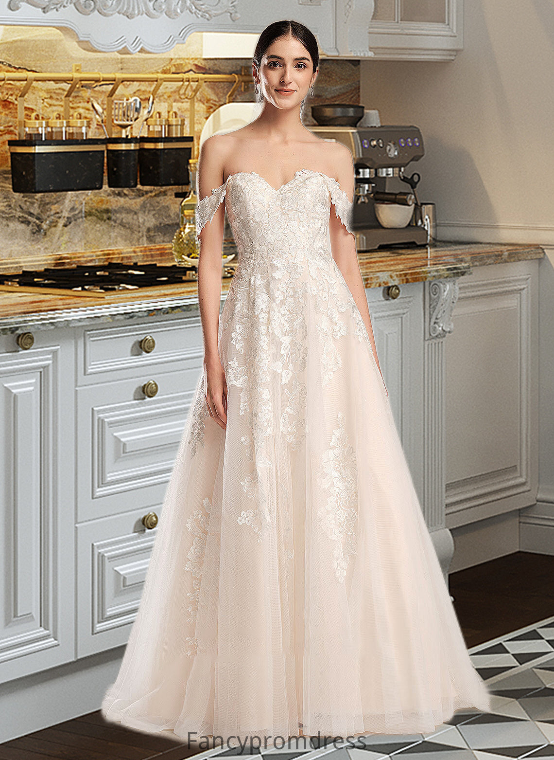 Kaydence Ball-Gown/Princess Off-the-Shoulder Chapel Train Wedding Dress DRP0013742