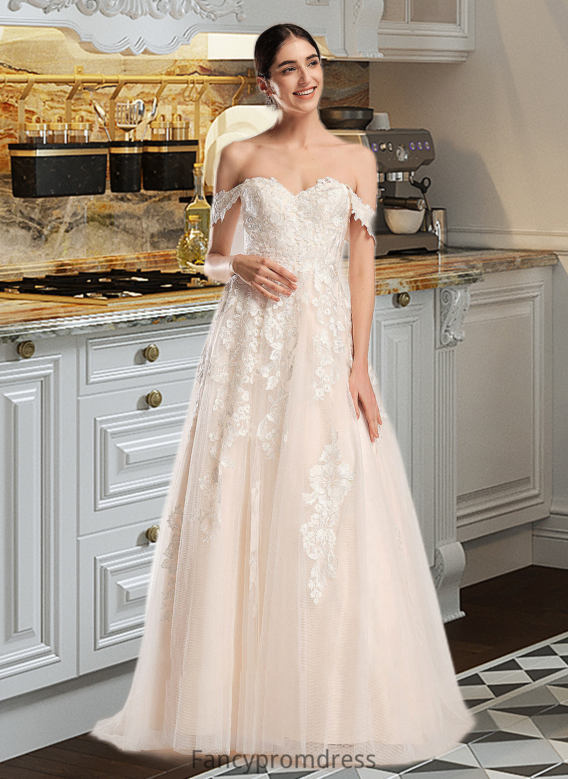 Kaydence Ball-Gown/Princess Off-the-Shoulder Chapel Train Wedding Dress DRP0013742