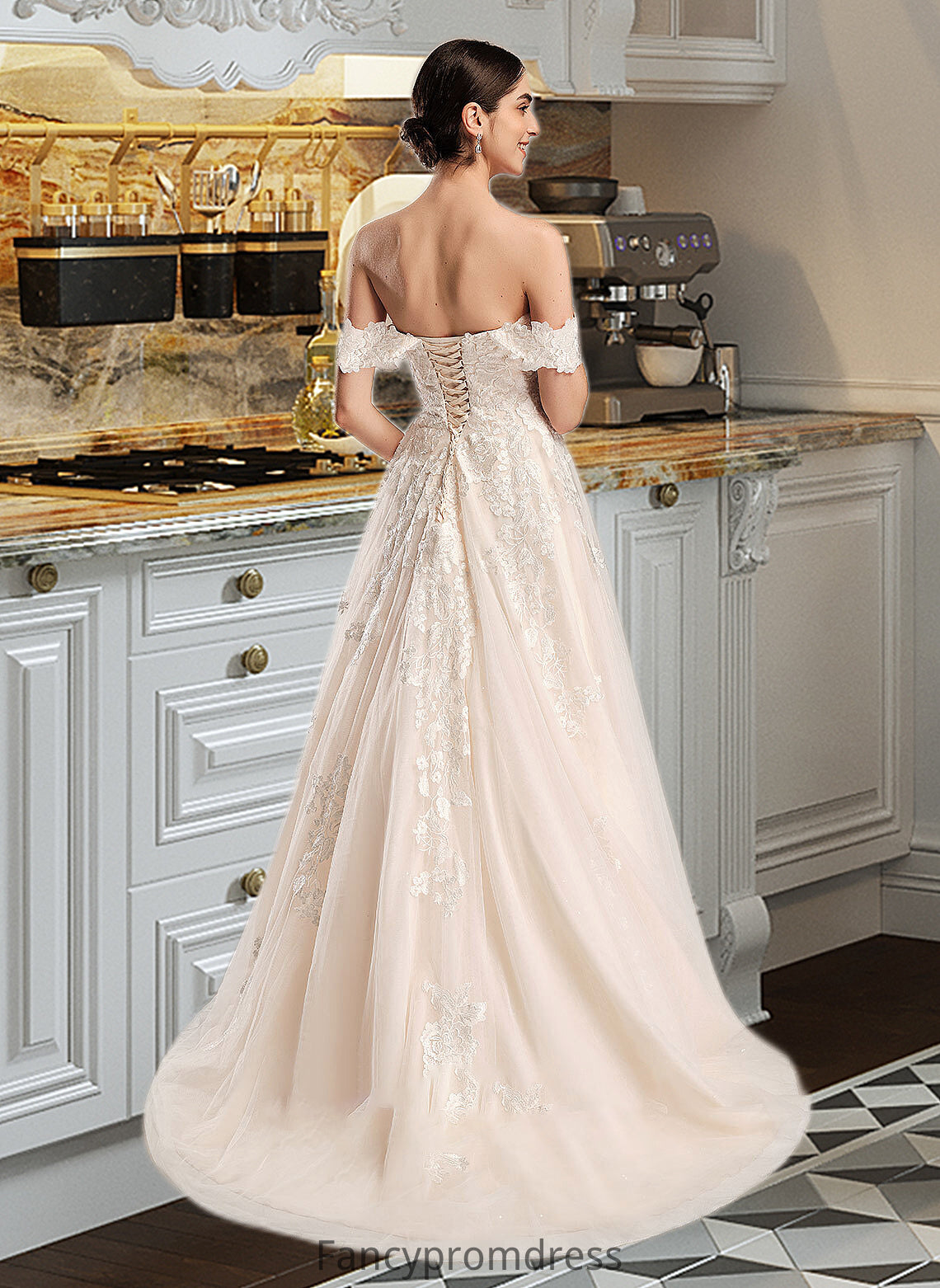 Kaydence Ball-Gown/Princess Off-the-Shoulder Chapel Train Wedding Dress DRP0013742