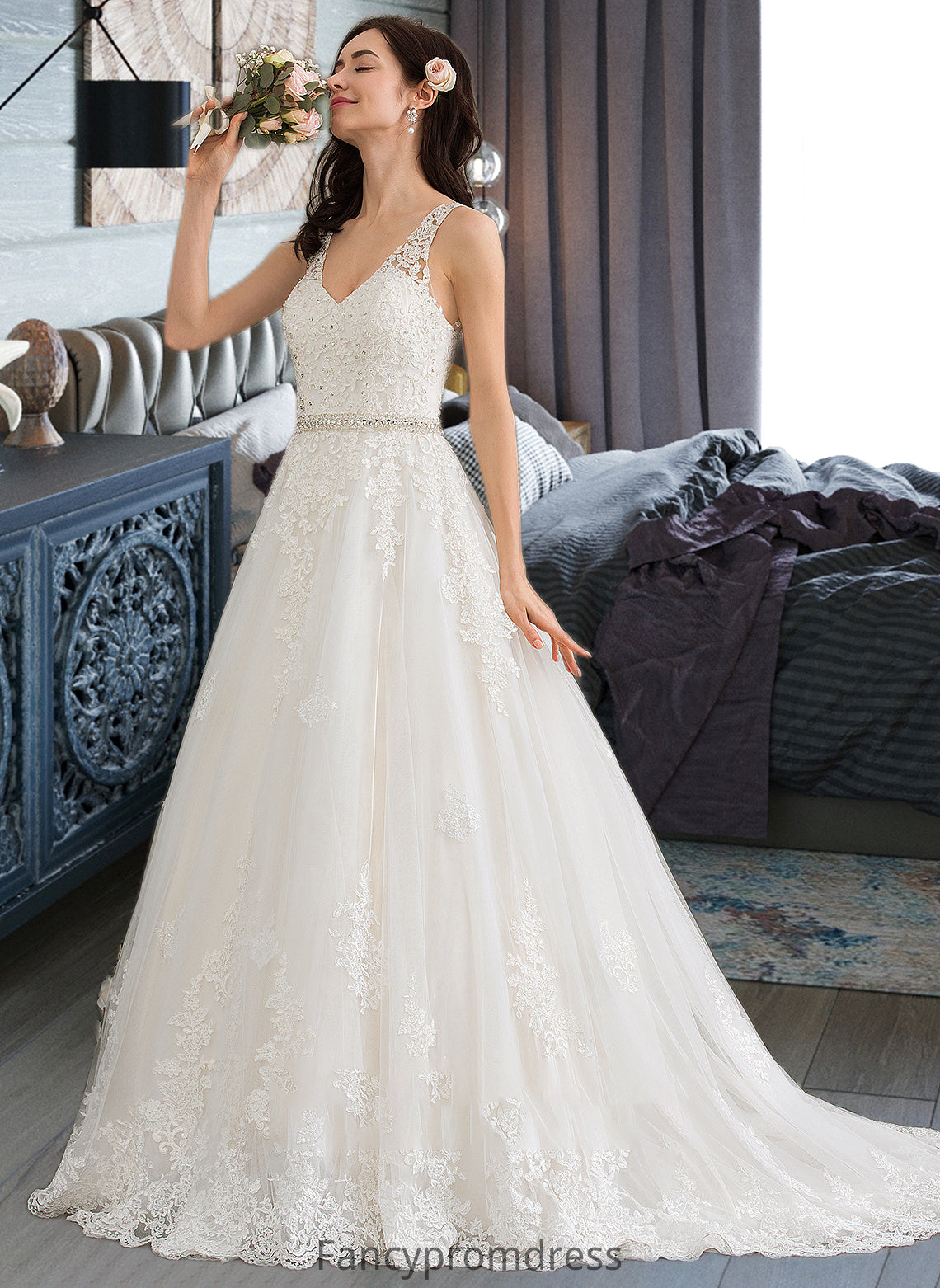 Charlee Ball-Gown/Princess V-neck Court Train Tulle Wedding Dress With Beading Sequins DRP0013779