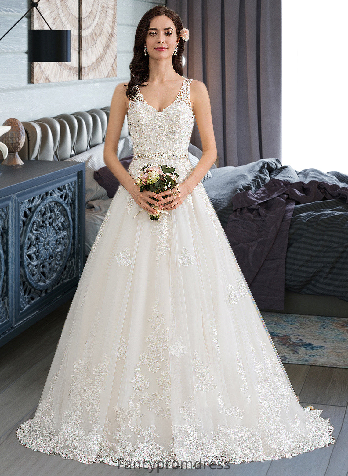 Charlee Ball-Gown/Princess V-neck Court Train Tulle Wedding Dress With Beading Sequins DRP0013779