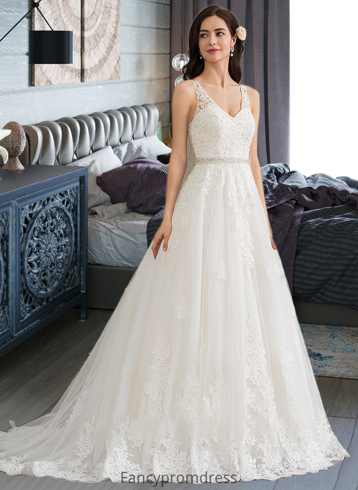 Charlee Ball-Gown/Princess V-neck Court Train Tulle Wedding Dress With Beading Sequins DRP0013779