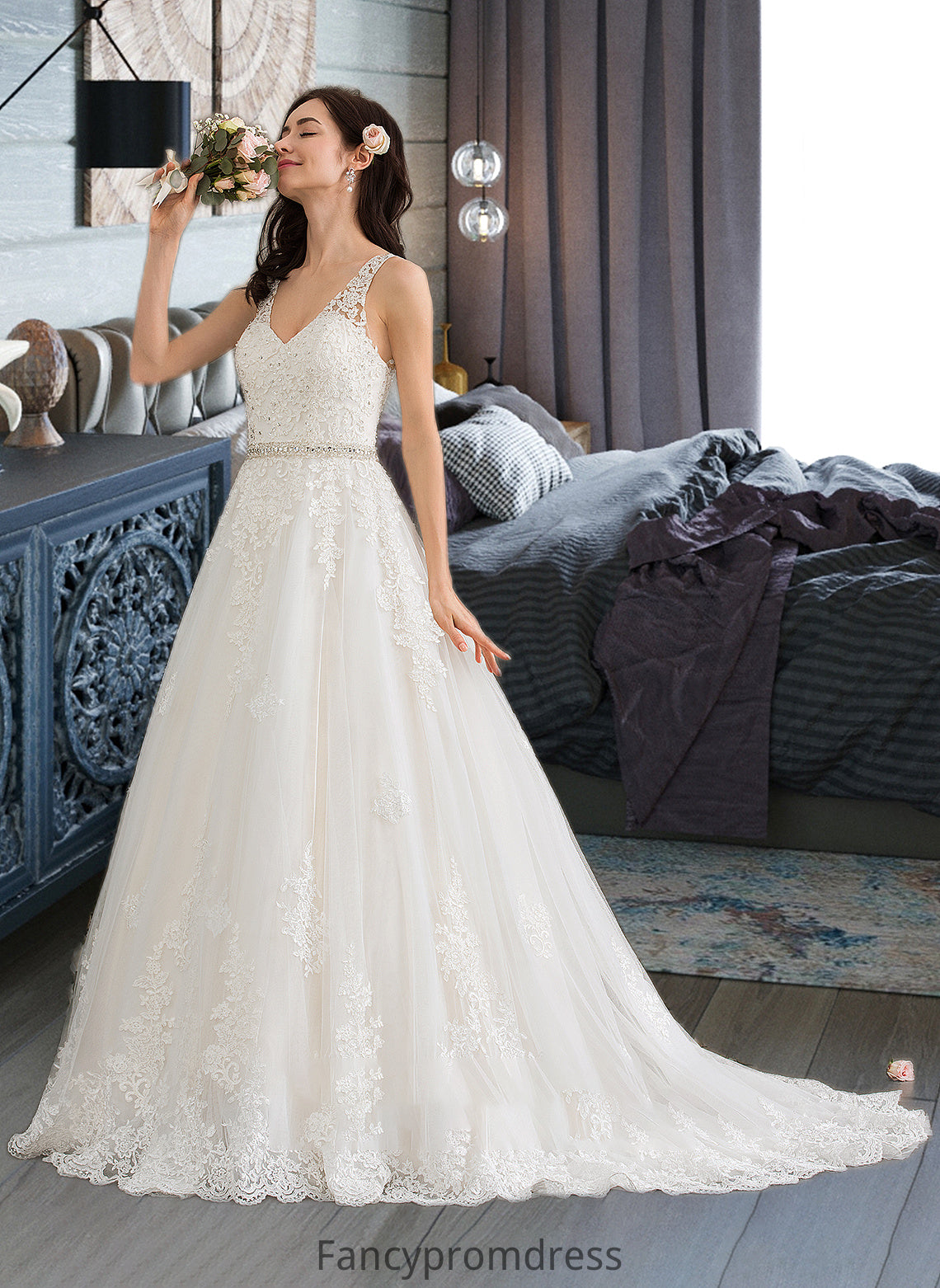 Charlee Ball-Gown/Princess V-neck Court Train Tulle Wedding Dress With Beading Sequins DRP0013779