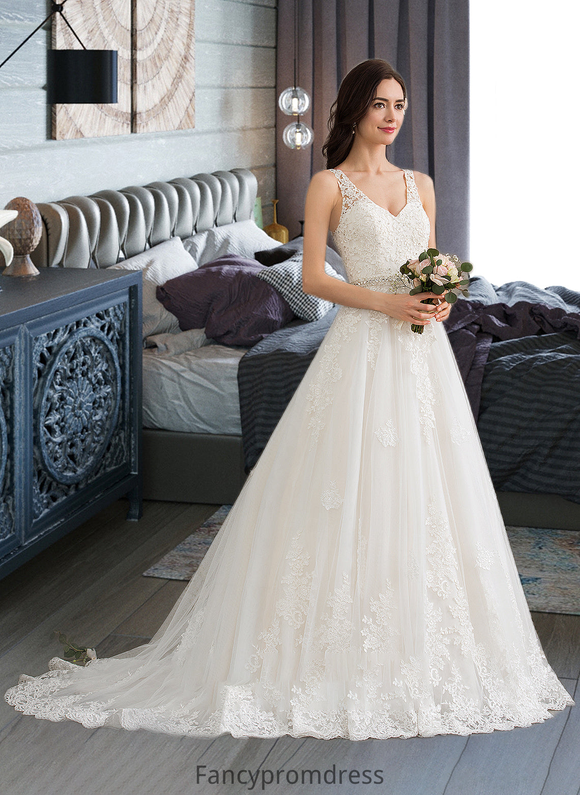 Charlee Ball-Gown/Princess V-neck Court Train Tulle Wedding Dress With Beading Sequins DRP0013779