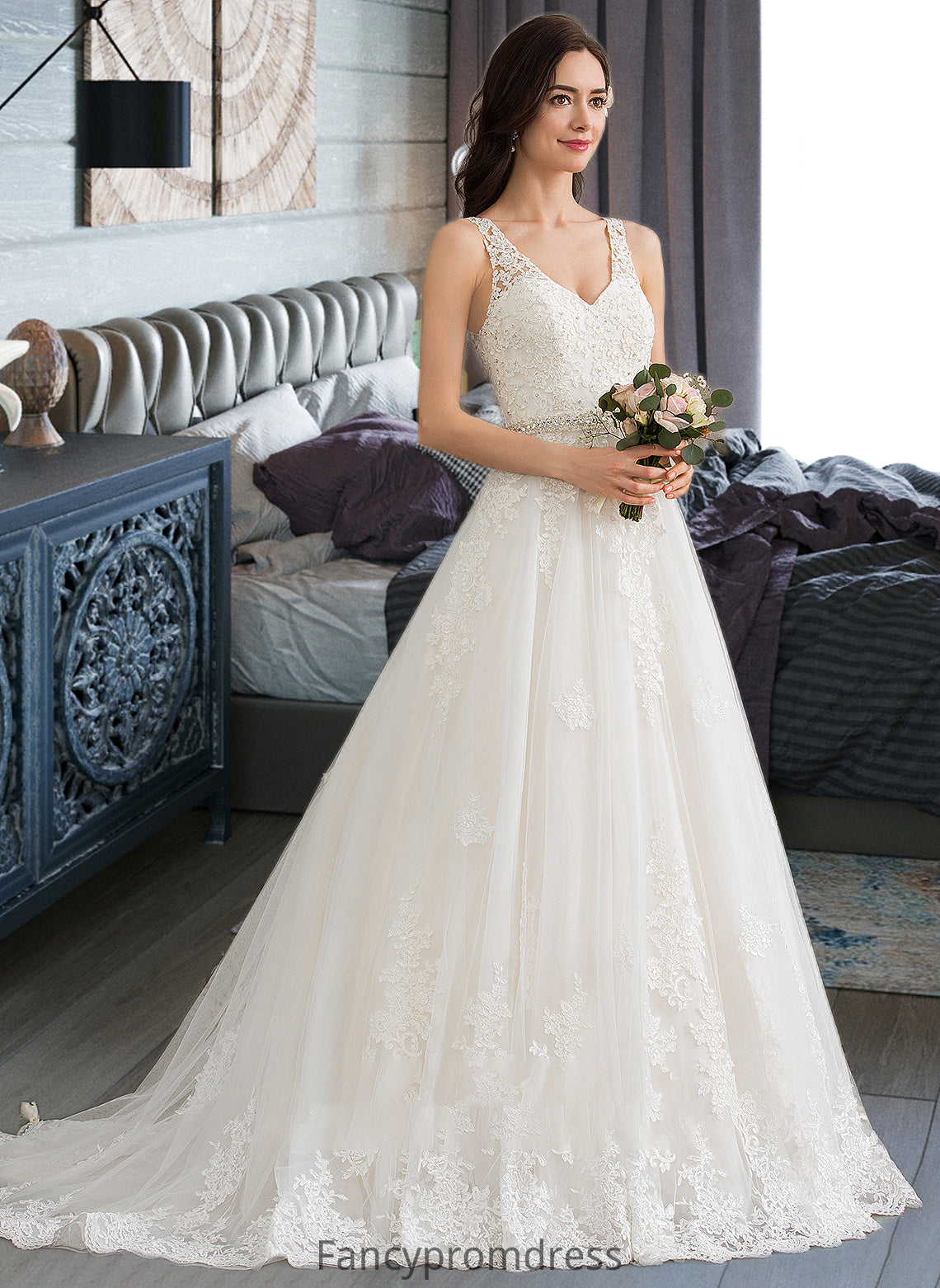 Charlee Ball-Gown/Princess V-neck Court Train Tulle Wedding Dress With Beading Sequins DRP0013779