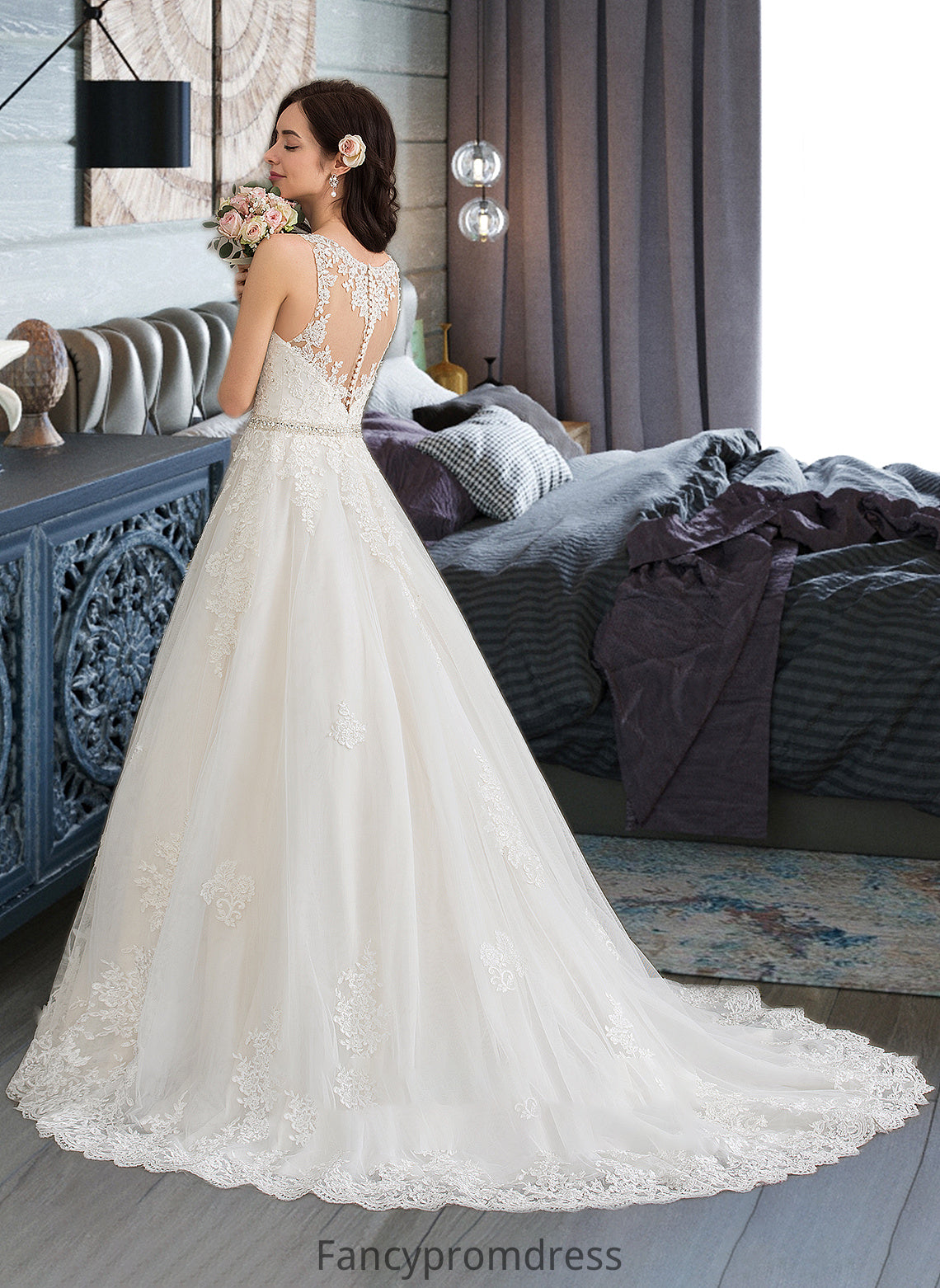 Charlee Ball-Gown/Princess V-neck Court Train Tulle Wedding Dress With Beading Sequins DRP0013779