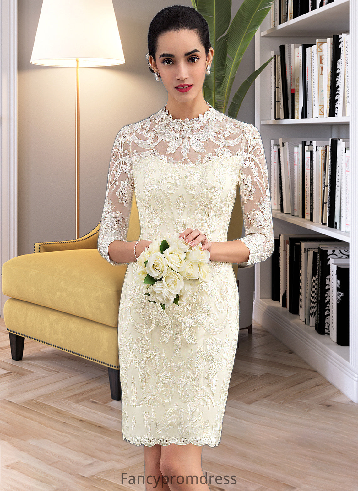 Helen Sheath/Column High Neck Knee-Length Lace Wedding Dress DRP0013781