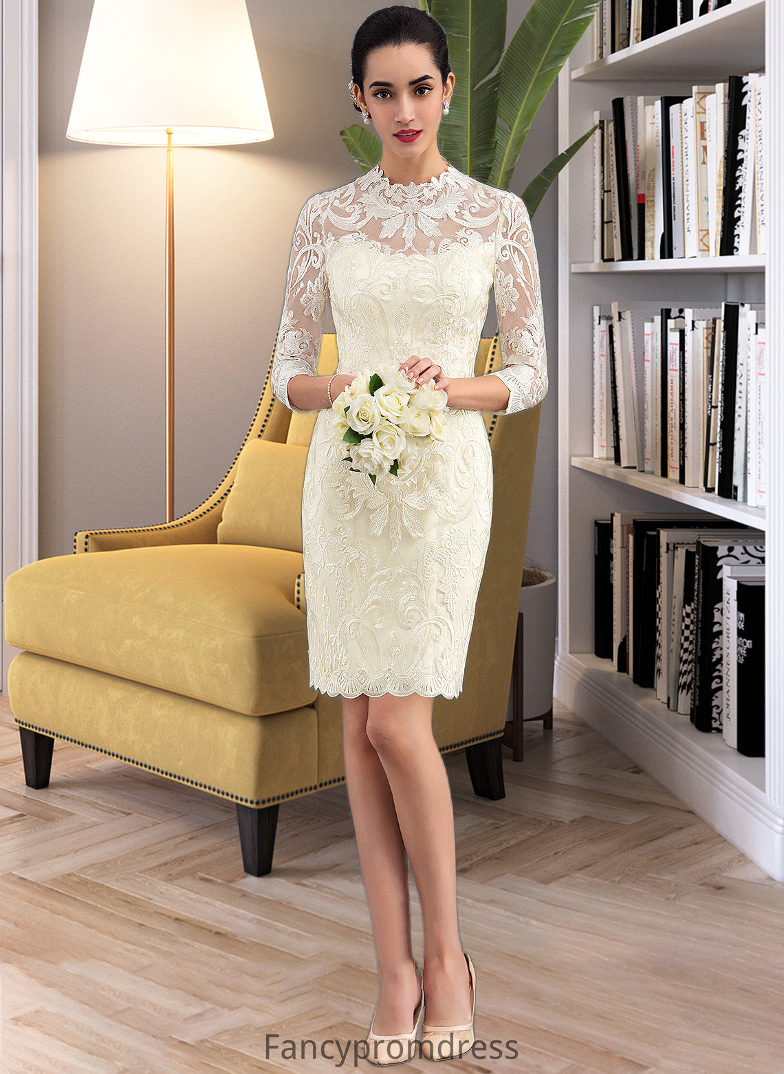 Helen Sheath/Column High Neck Knee-Length Lace Wedding Dress DRP0013781