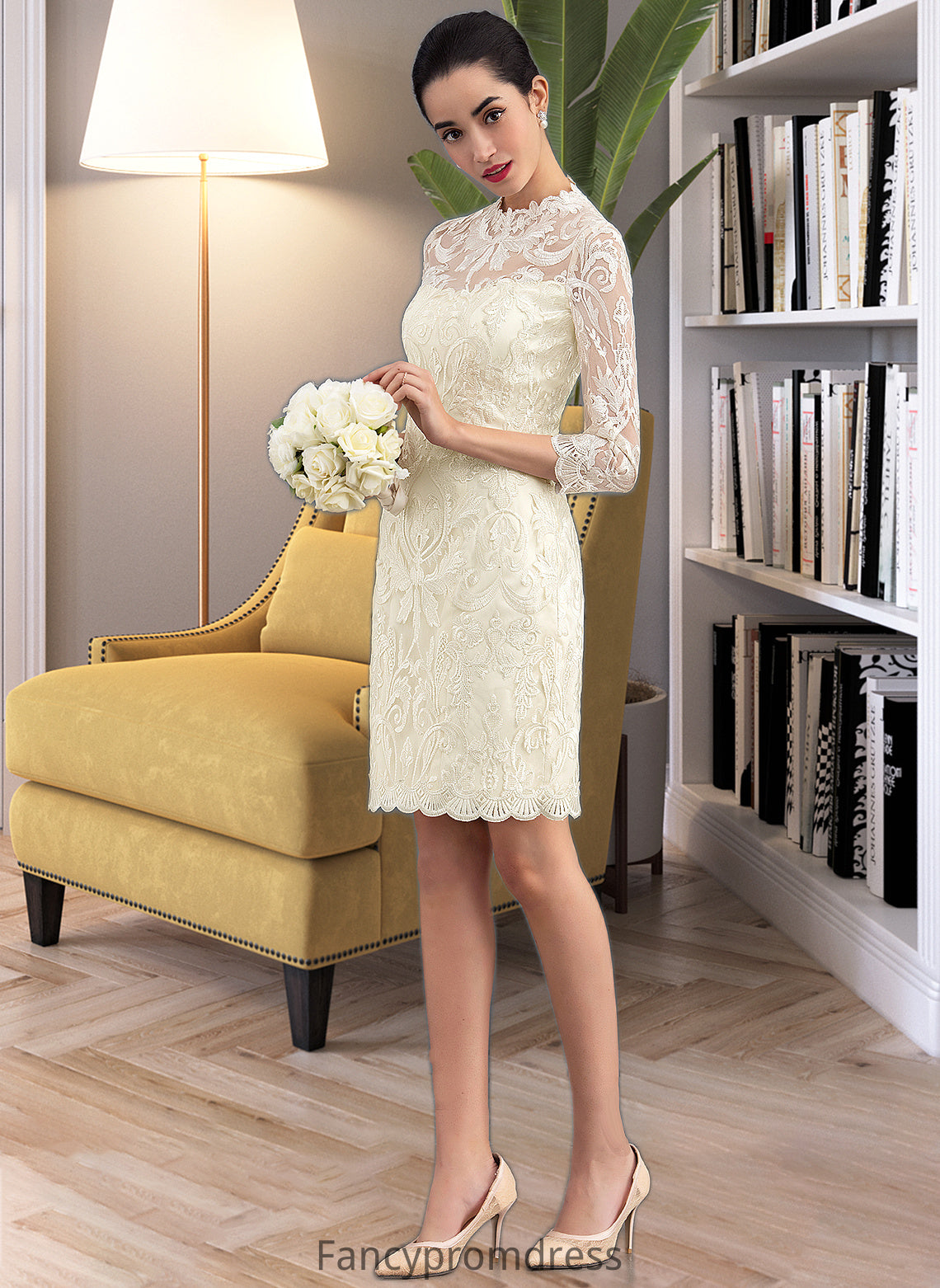 Helen Sheath/Column High Neck Knee-Length Lace Wedding Dress DRP0013781