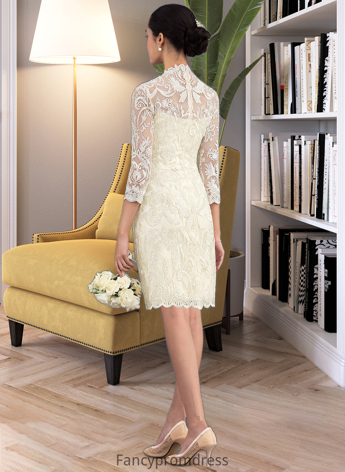 Helen Sheath/Column High Neck Knee-Length Lace Wedding Dress DRP0013781