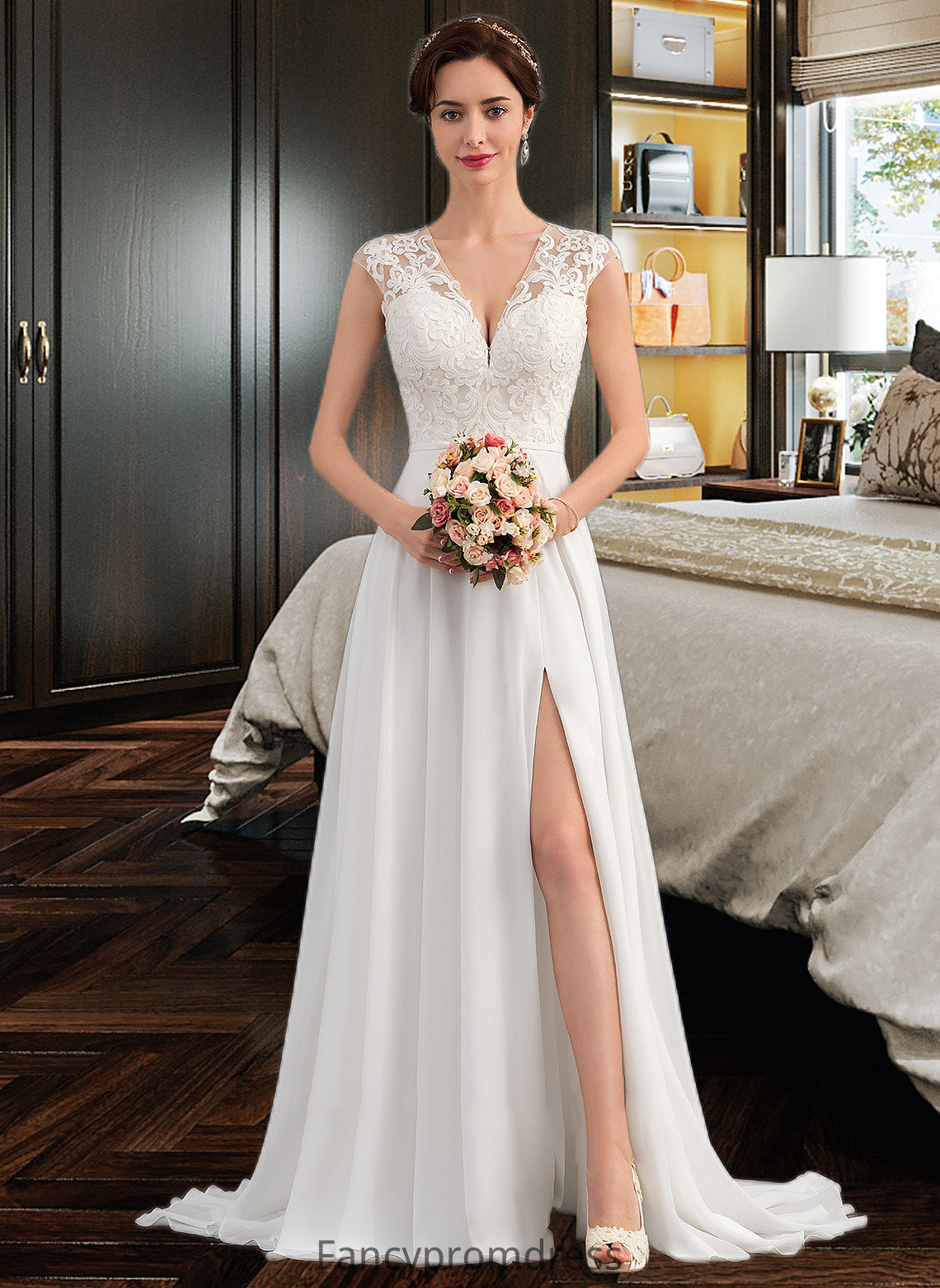 Prudence A-Line V-neck Sweep Train Chiffon Wedding Dress With Split Front DRP0013782