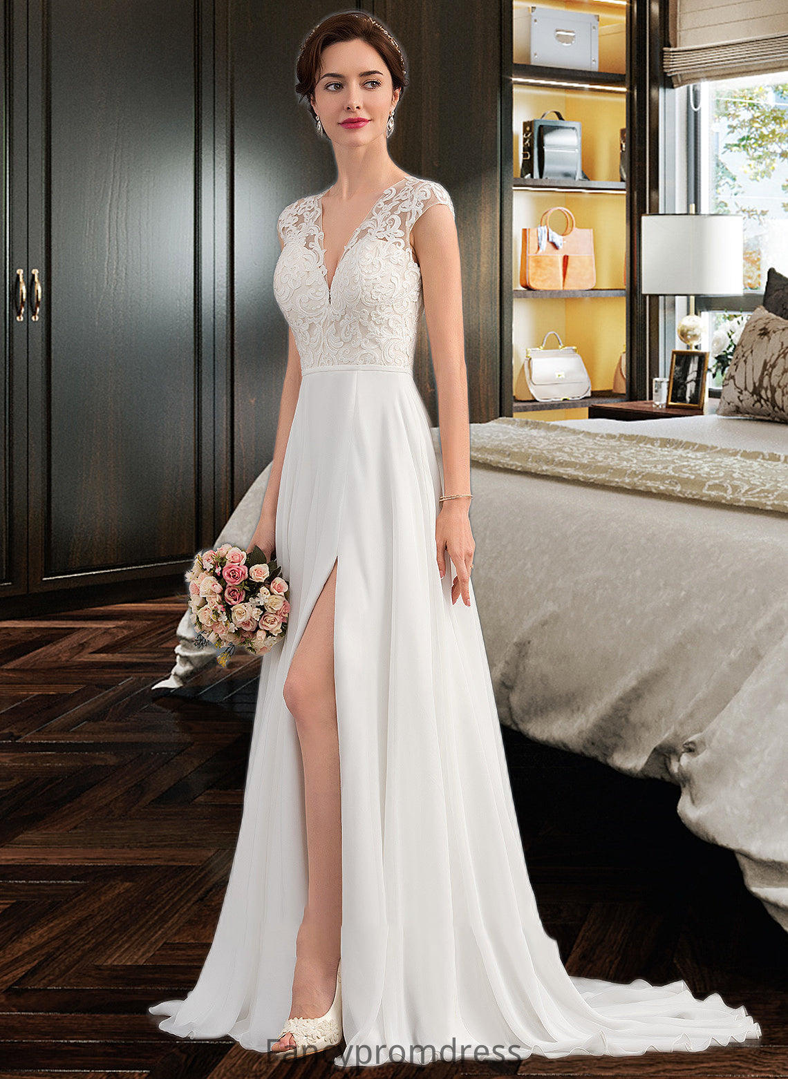 Prudence A-Line V-neck Sweep Train Chiffon Wedding Dress With Split Front DRP0013782