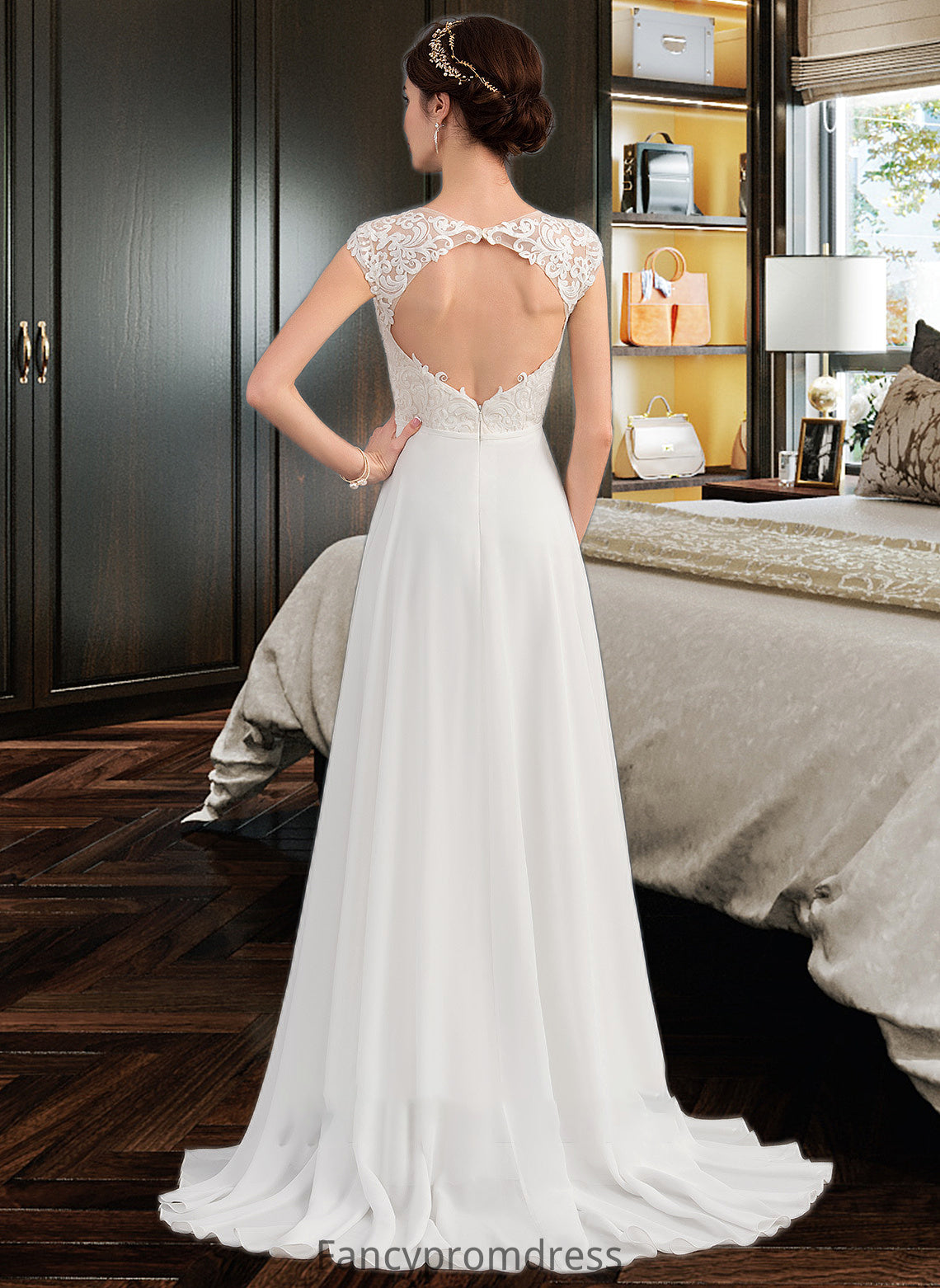 Prudence A-Line V-neck Sweep Train Chiffon Wedding Dress With Split Front DRP0013782