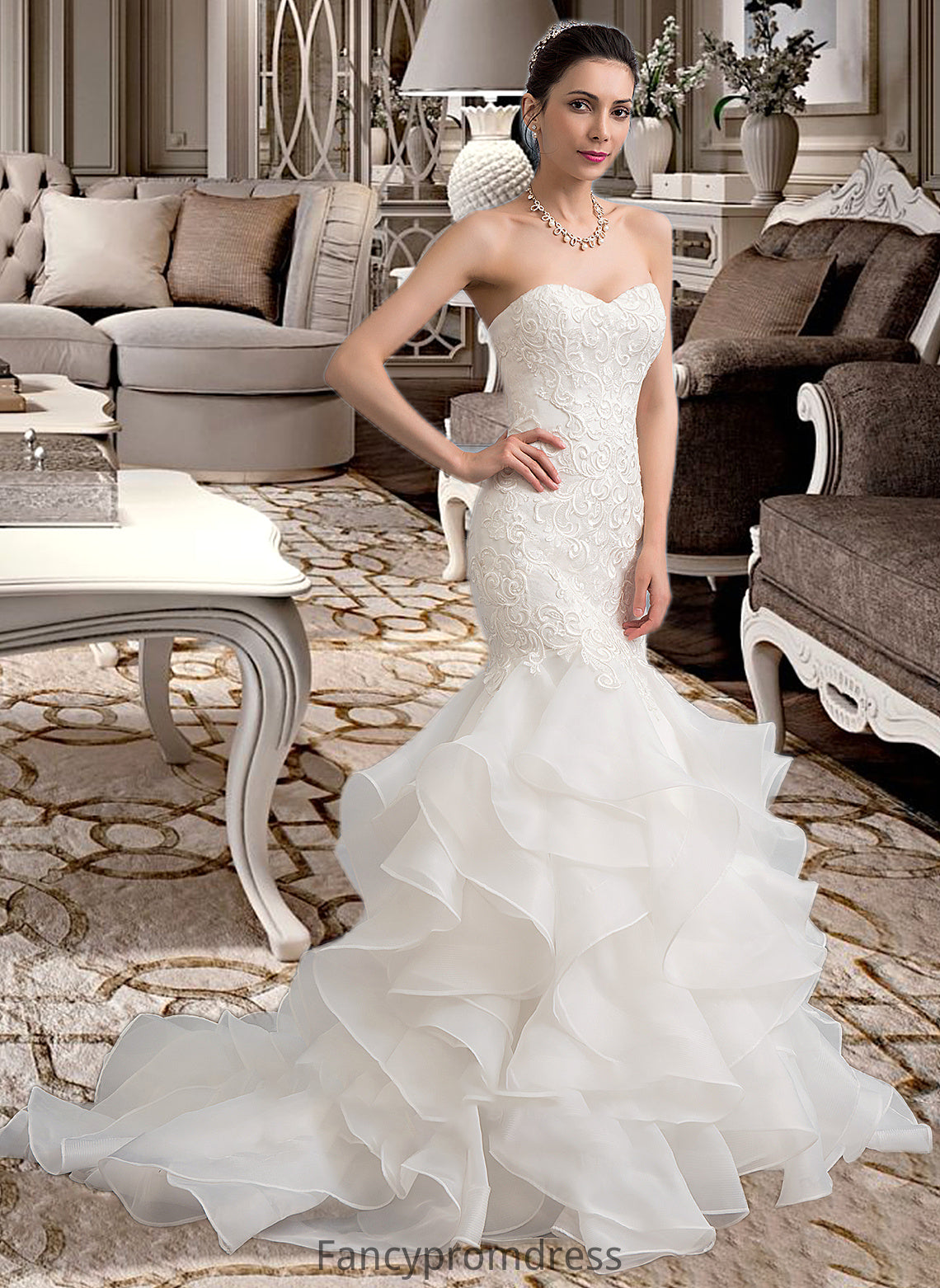 Autumn Trumpet/Mermaid Sweetheart Sweep Train Organza Lace Wedding Dress DRP0013786