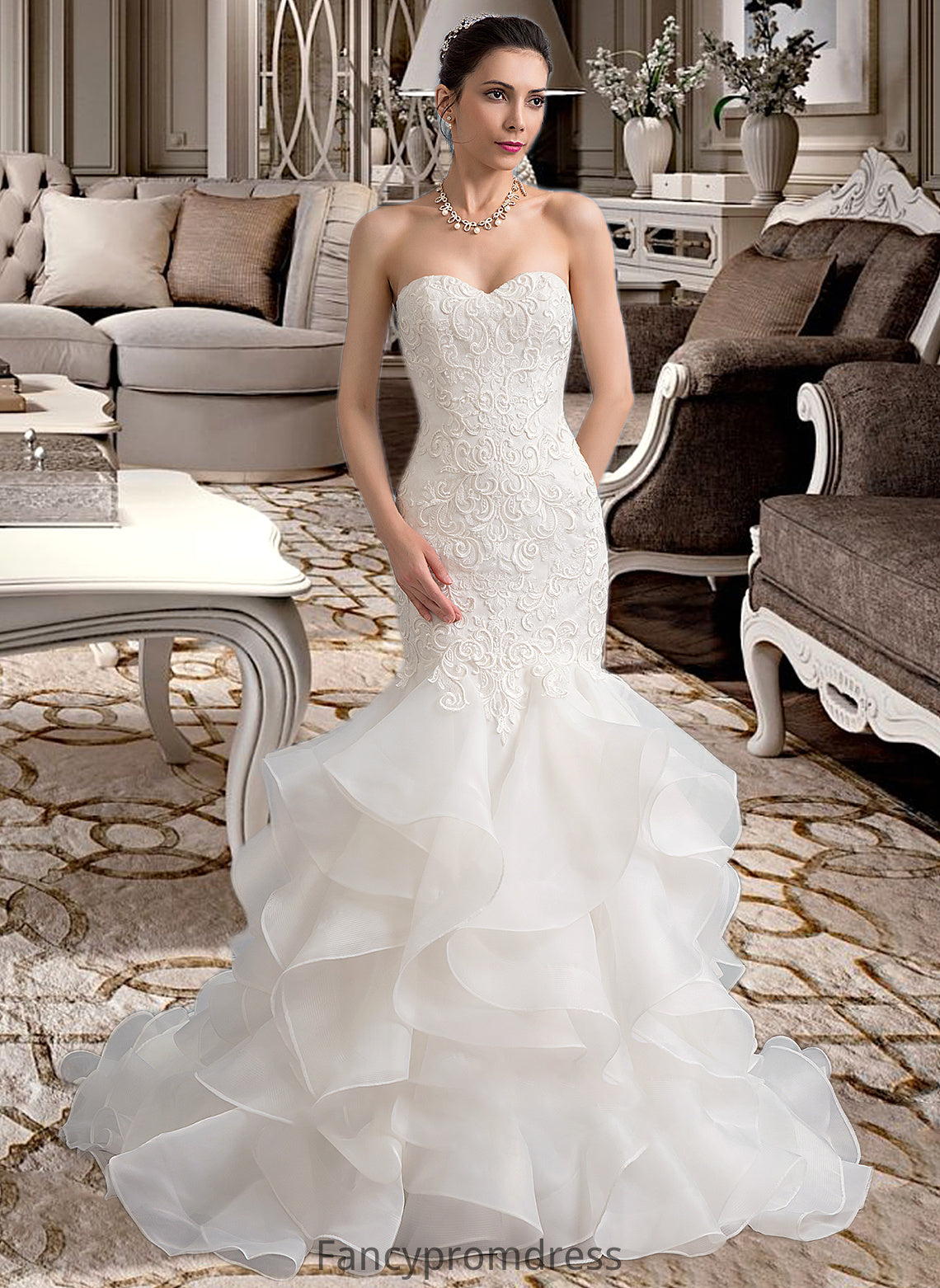 Autumn Trumpet/Mermaid Sweetheart Sweep Train Organza Lace Wedding Dress DRP0013786