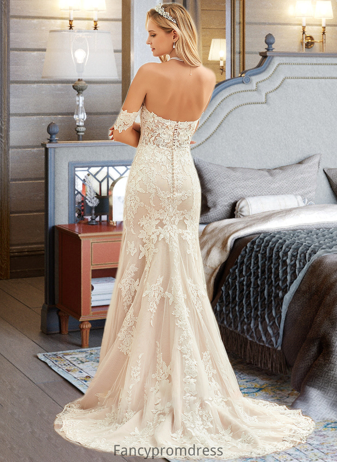 Bethany Trumpet/Mermaid Off-the-Shoulder Court Train Tulle Lace Wedding Dress DRP0013789