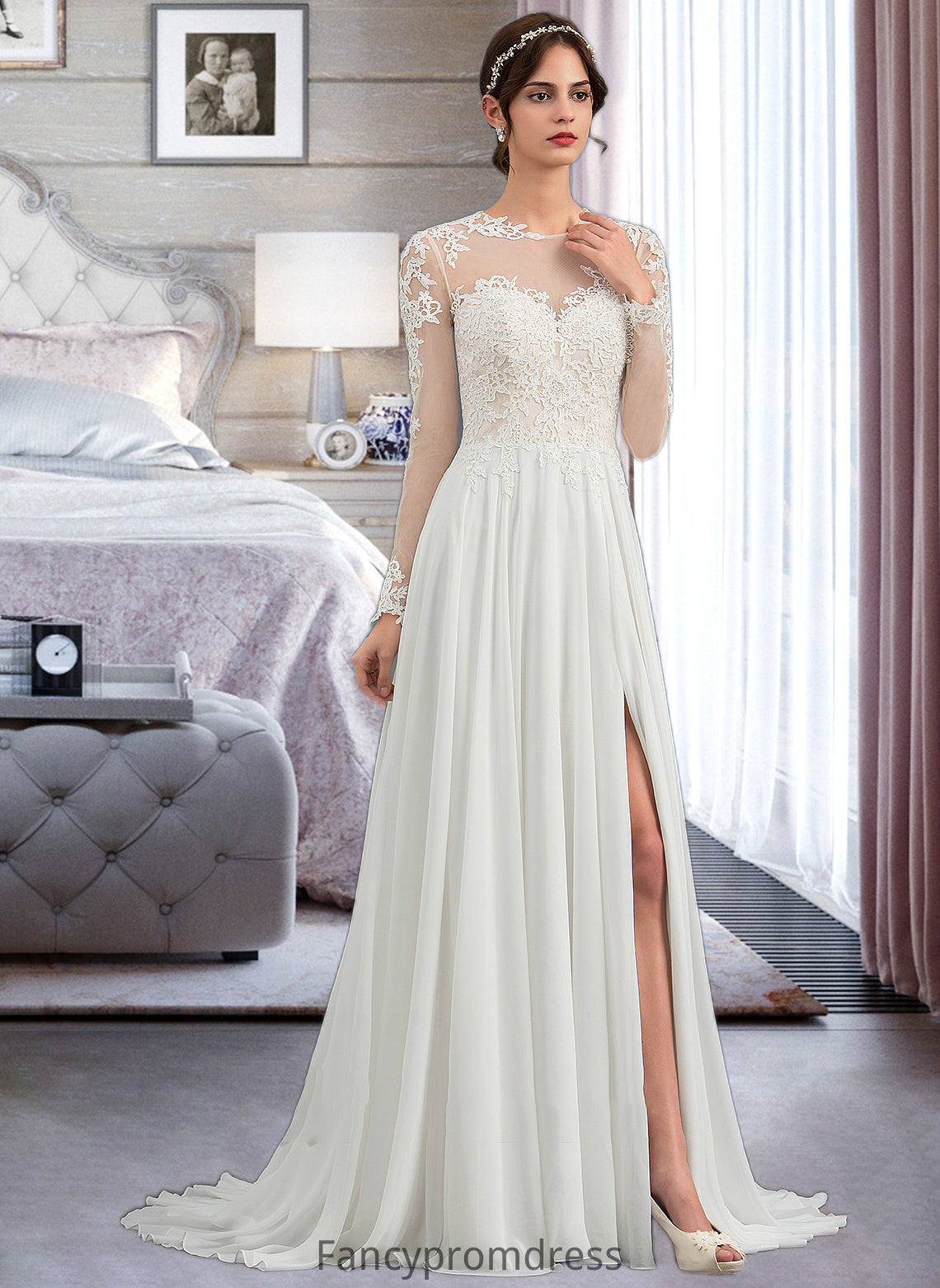 Dahlia A-Line Illusion Sweep Train Chiffon Wedding Dress With Appliques Lace Split Front DRP0013793