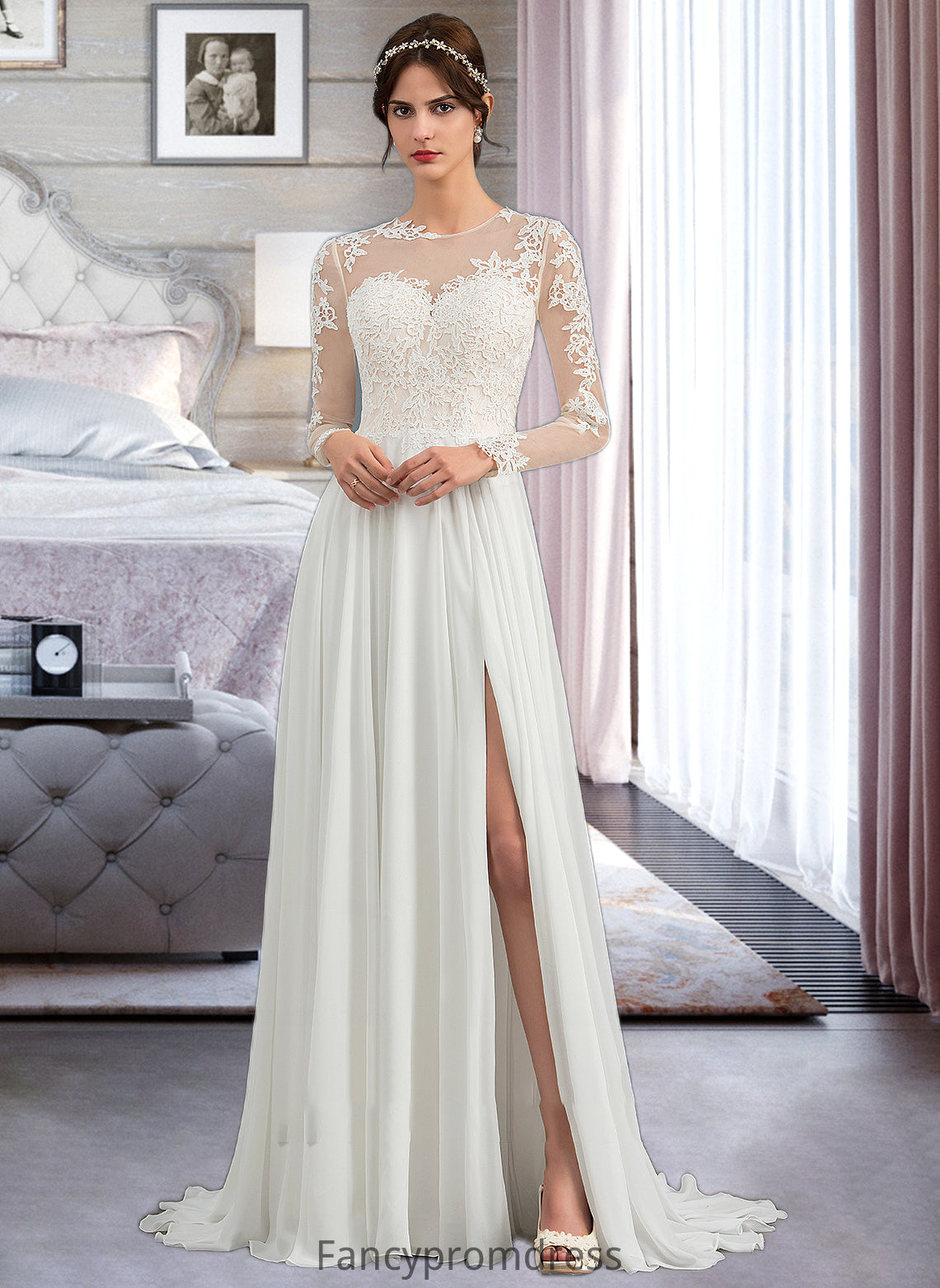 Dahlia A-Line Illusion Sweep Train Chiffon Wedding Dress With Appliques Lace Split Front DRP0013793