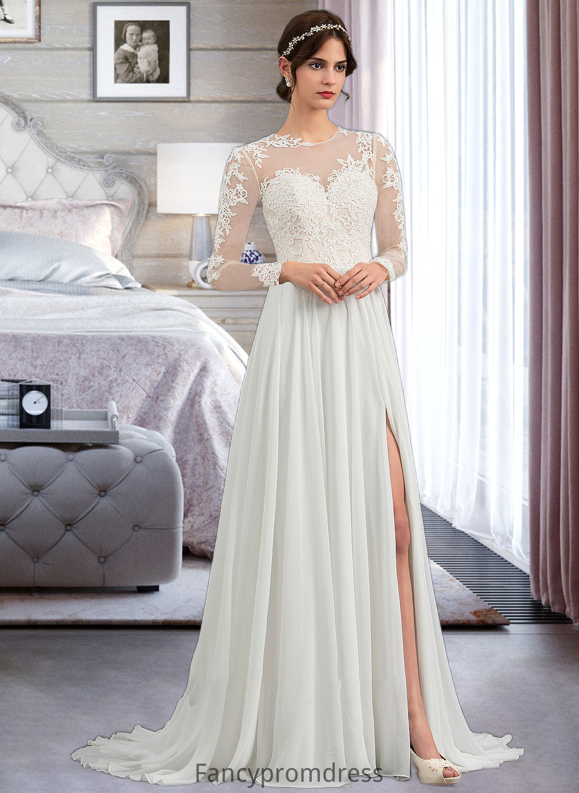 Dahlia A-Line Illusion Sweep Train Chiffon Wedding Dress With Appliques Lace Split Front DRP0013793