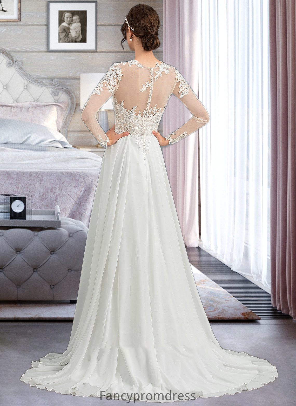 Dahlia A-Line Illusion Sweep Train Chiffon Wedding Dress With Appliques Lace Split Front DRP0013793