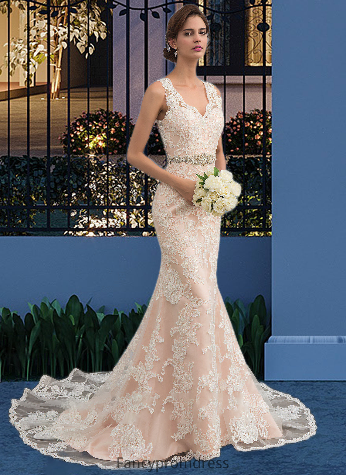 Angelina Trumpet/Mermaid V-neck Chapel Train Tulle Lace Wedding Dress With Beading DRP0013810