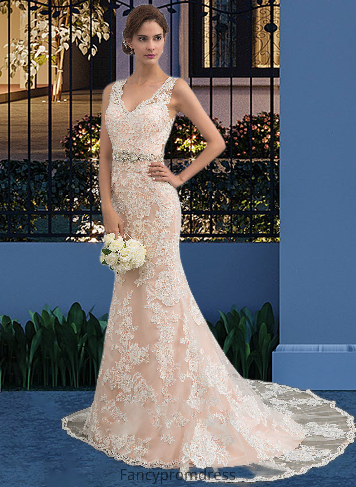 Angelina Trumpet/Mermaid V-neck Chapel Train Tulle Lace Wedding Dress With Beading DRP0013810