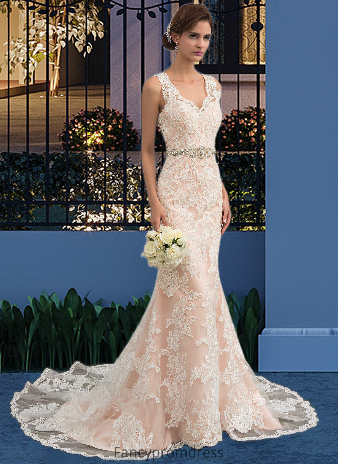 Angelina Trumpet/Mermaid V-neck Chapel Train Tulle Lace Wedding Dress With Beading DRP0013810