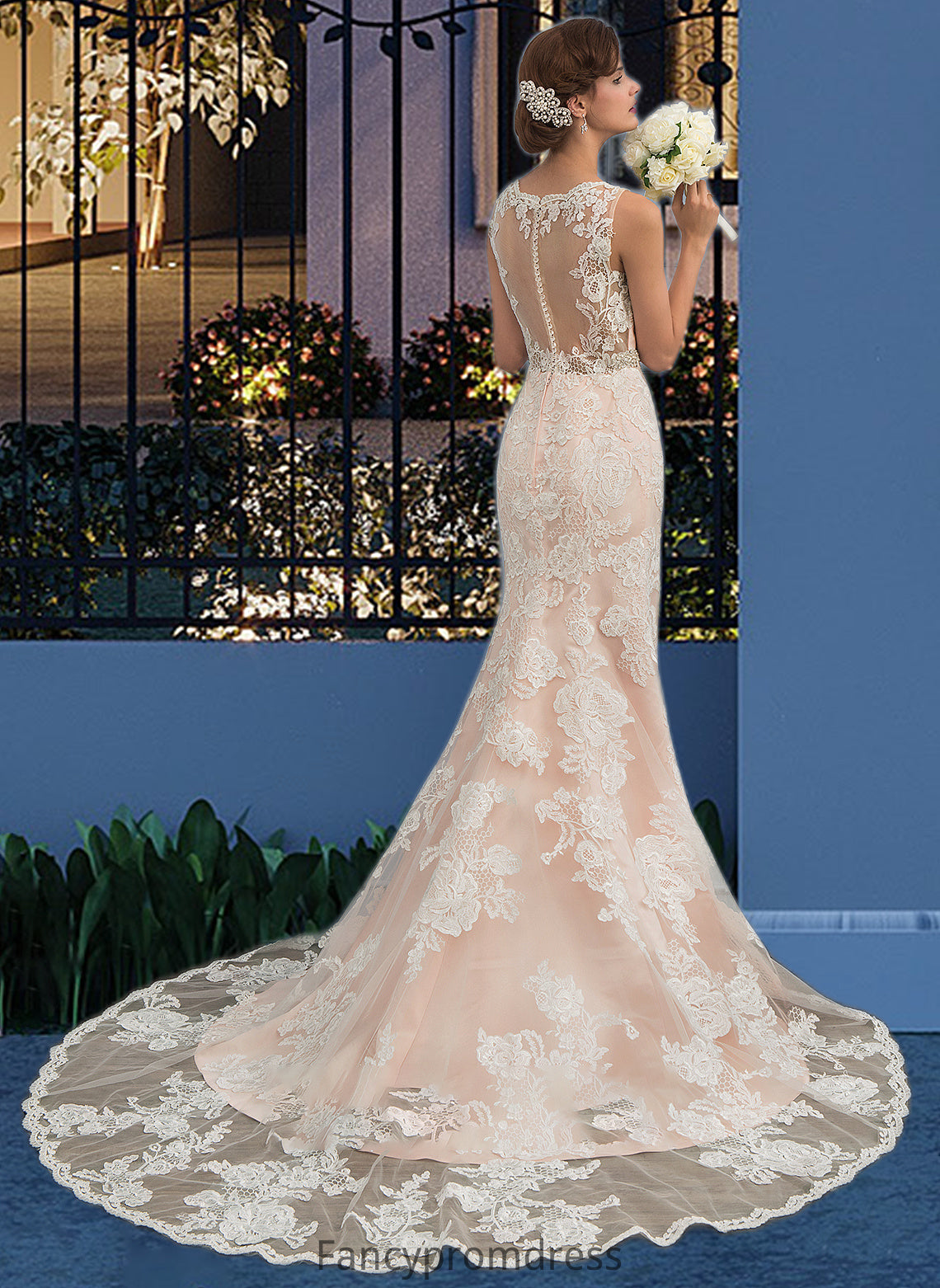 Angelina Trumpet/Mermaid V-neck Chapel Train Tulle Lace Wedding Dress With Beading DRP0013810