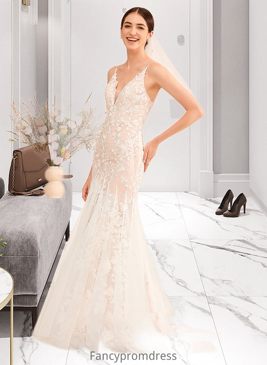 Sage Trumpet/Mermaid V-neck Court Train Wedding Dress With Lace DRP0013814