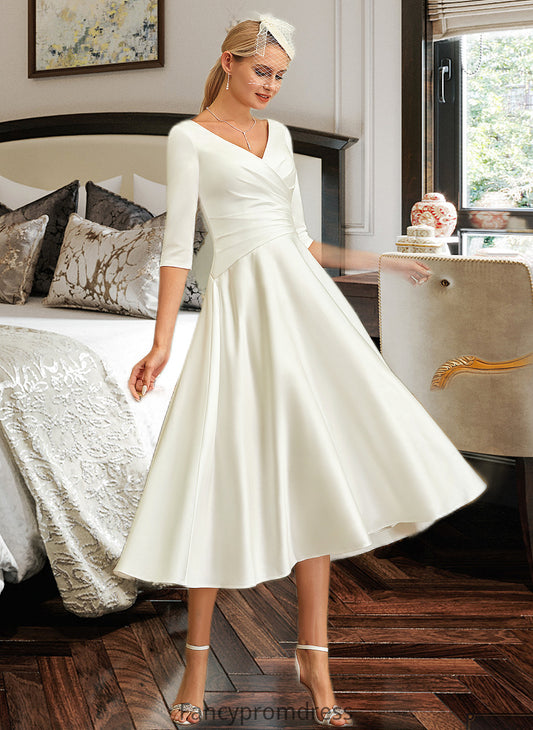 Miya A-Line V-neck Tea-Length Satin Wedding Dress DRP0013817