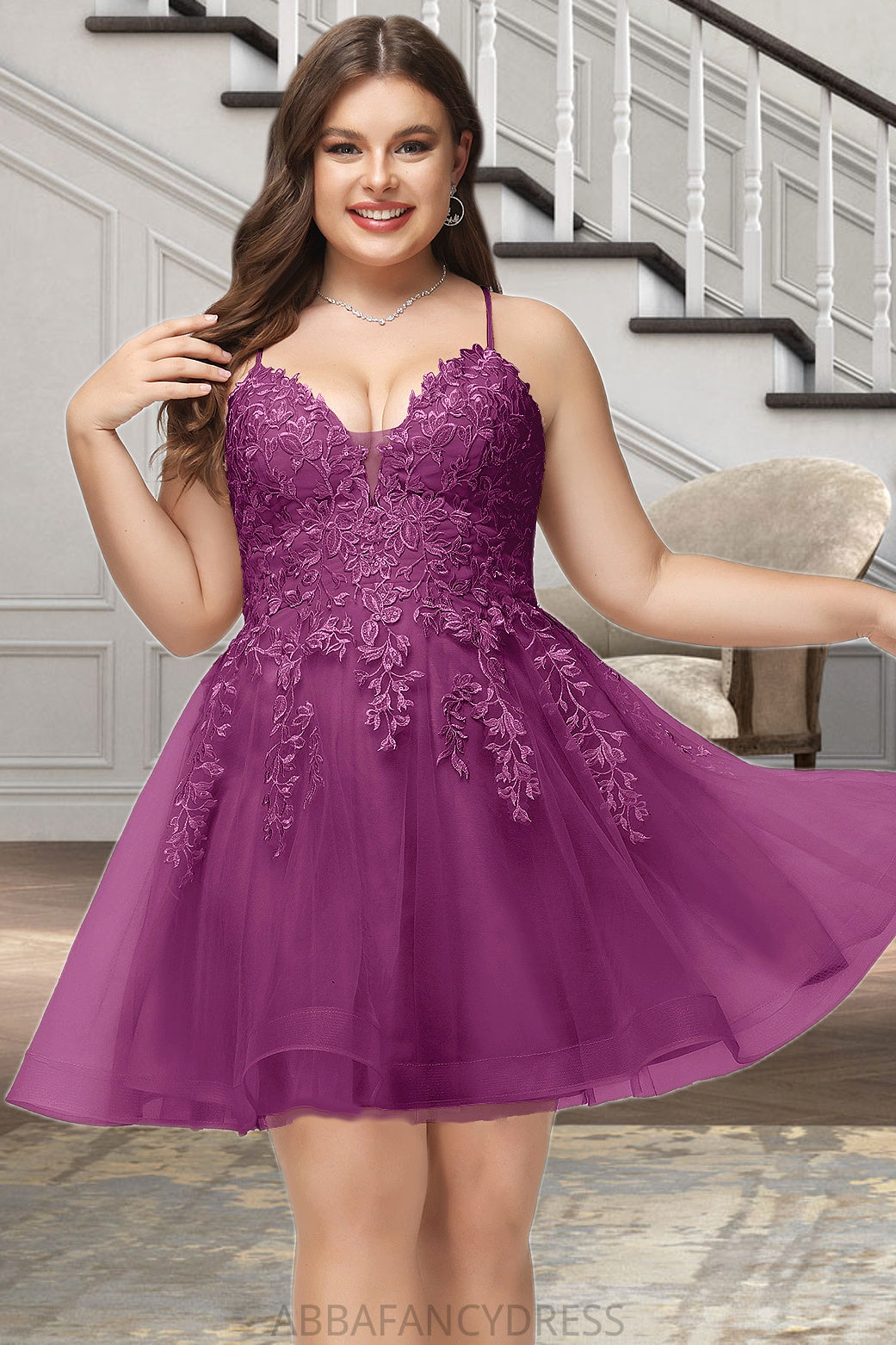 Julia A-line V-Neck Short/Mini Lace Tulle Homecoming Dress With Sequins DRP0020500