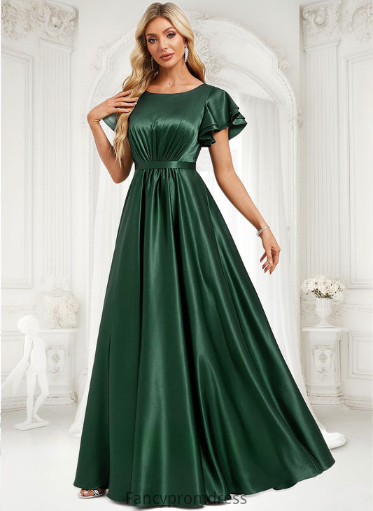 Fiona A-line Scoop Floor-Length Stretch Satin Bridesmaid Dress With Ruffle DRP0025770