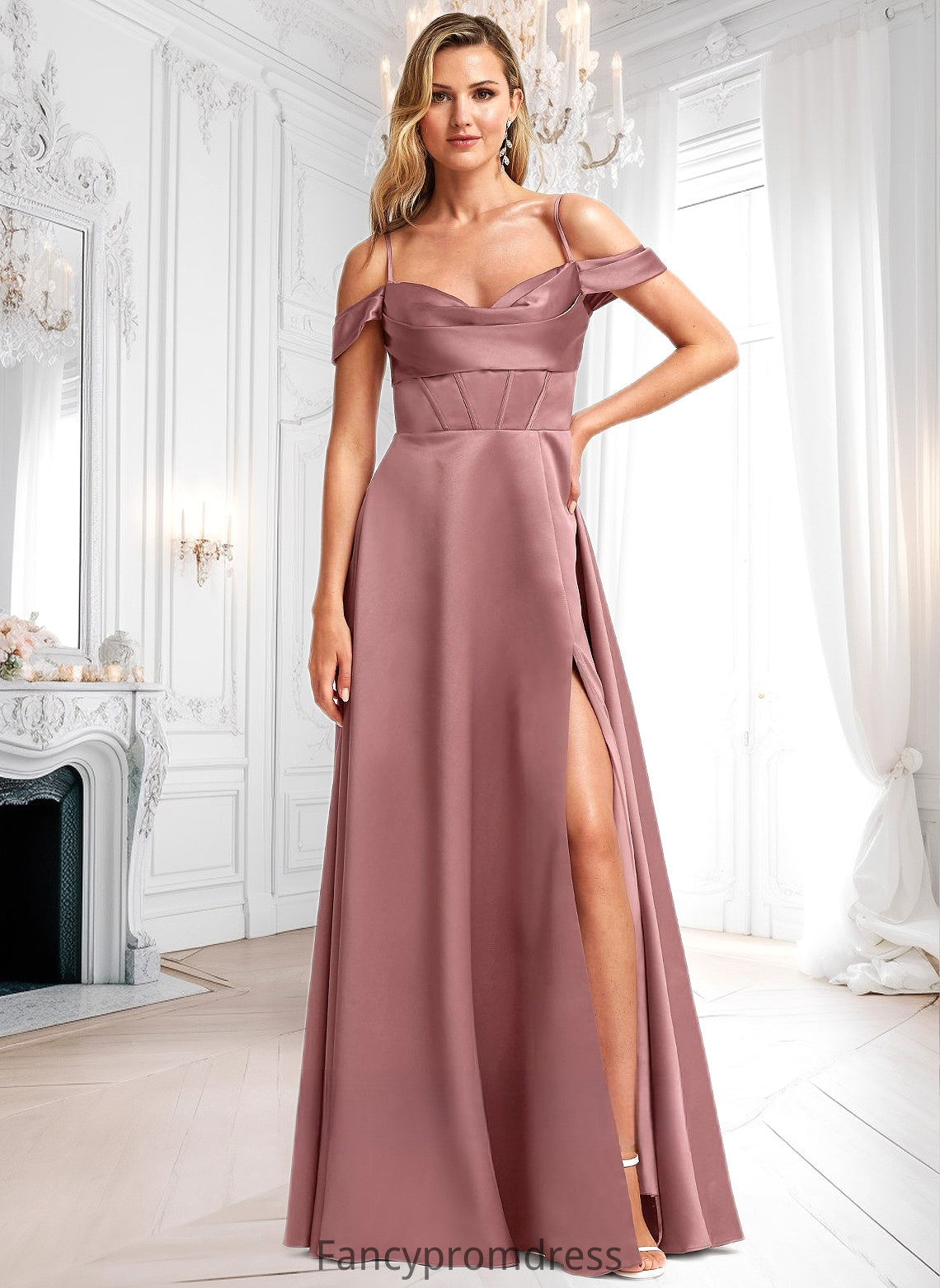 Kayden A-line Cold Shoulder Floor-Length Satin Bridesmaid Dress DRP0025750