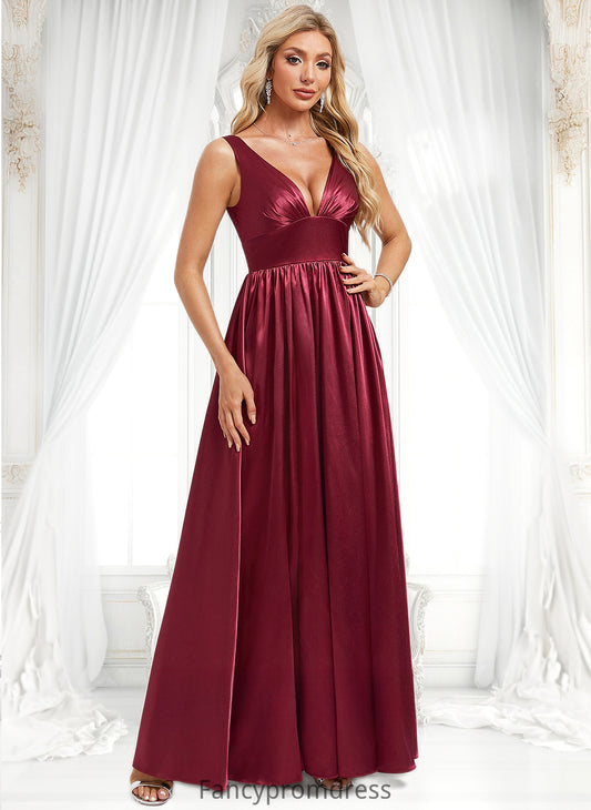 Liliana A-line V-Neck Floor-Length Stretch Satin Bridesmaid Dress DRP0025771