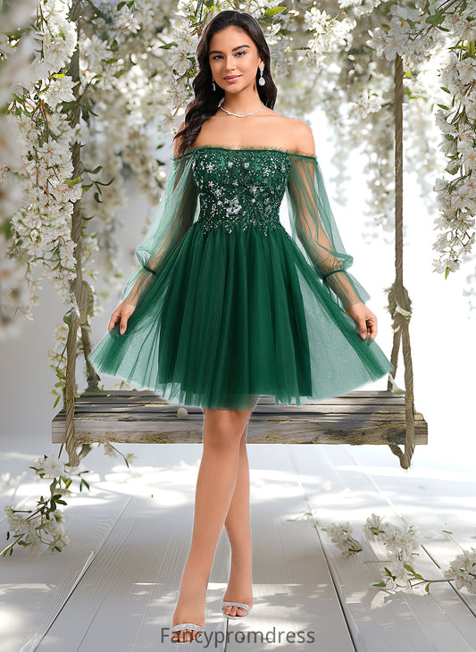 LuLu A-line Off the Shoulder Short Tulle Homecoming Dress With Sequins Appliques Lace DRP0025663