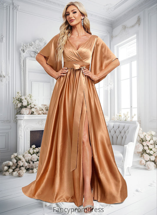 Angeline A-line V-Neck Floor-Length Stretch Satin Bridesmaid Dress DRP0025793