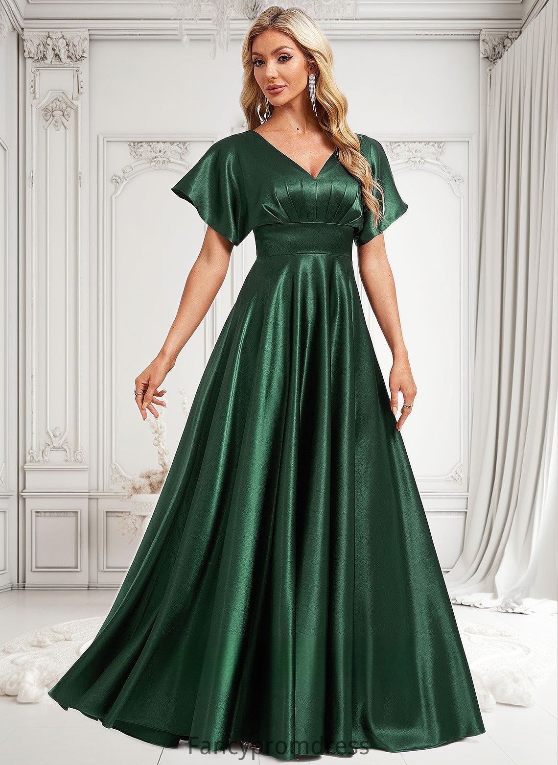 Nathalia A-line V-Neck Floor-Length Stretch Satin Bridesmaid Dress DRP0025782