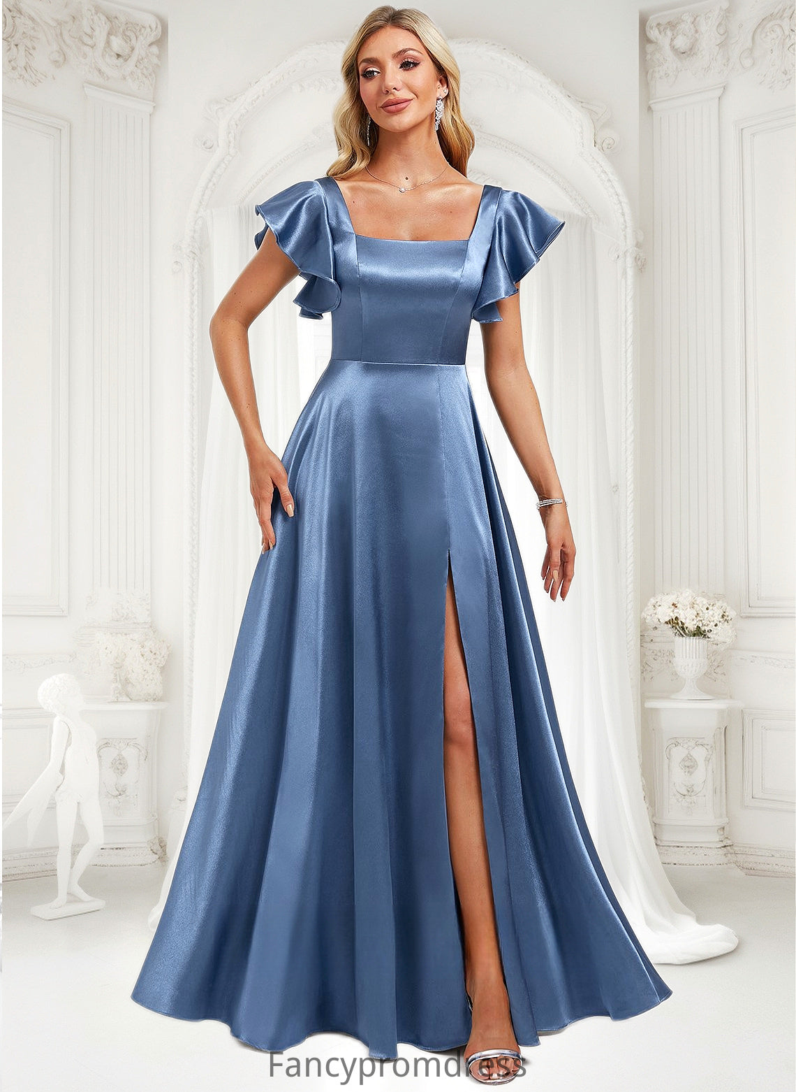 Ina A-line Square Floor-Length Stretch Satin Bridesmaid Dress With Ruffle DRP0025769