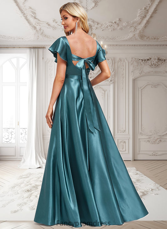 Summer A-line V-Neck Floor-Length Stretch Satin Bridesmaid Dress With Ruffle DRP0025780