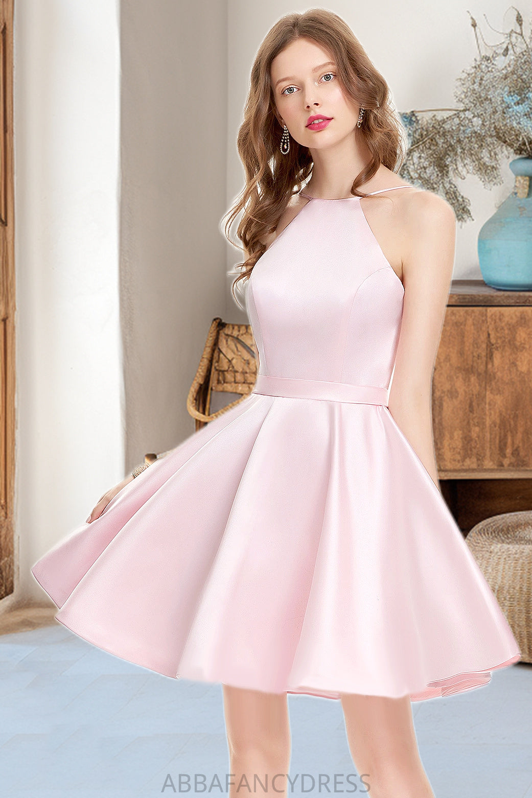 Hazel A-line Scoop Short/Mini Satin Homecoming Dress DRP0020590