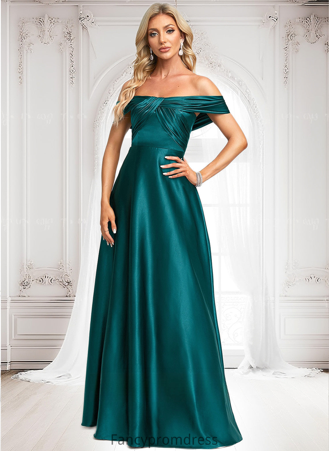 Georgia A-line Off the Shoulder Floor-Length Stretch Satin Prom Dresses DRP0025879