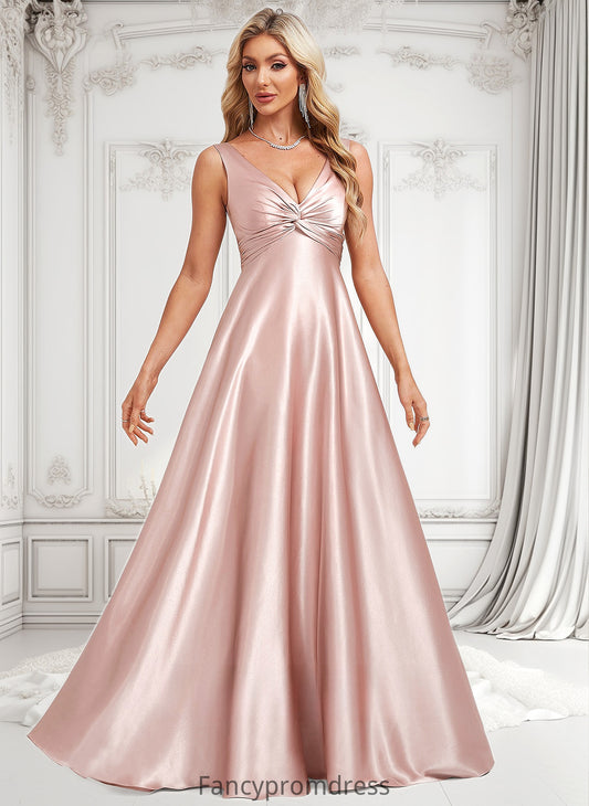 Lexie A-line V-Neck Floor-Length Stretch Satin Bridesmaid Dress DRP0025779