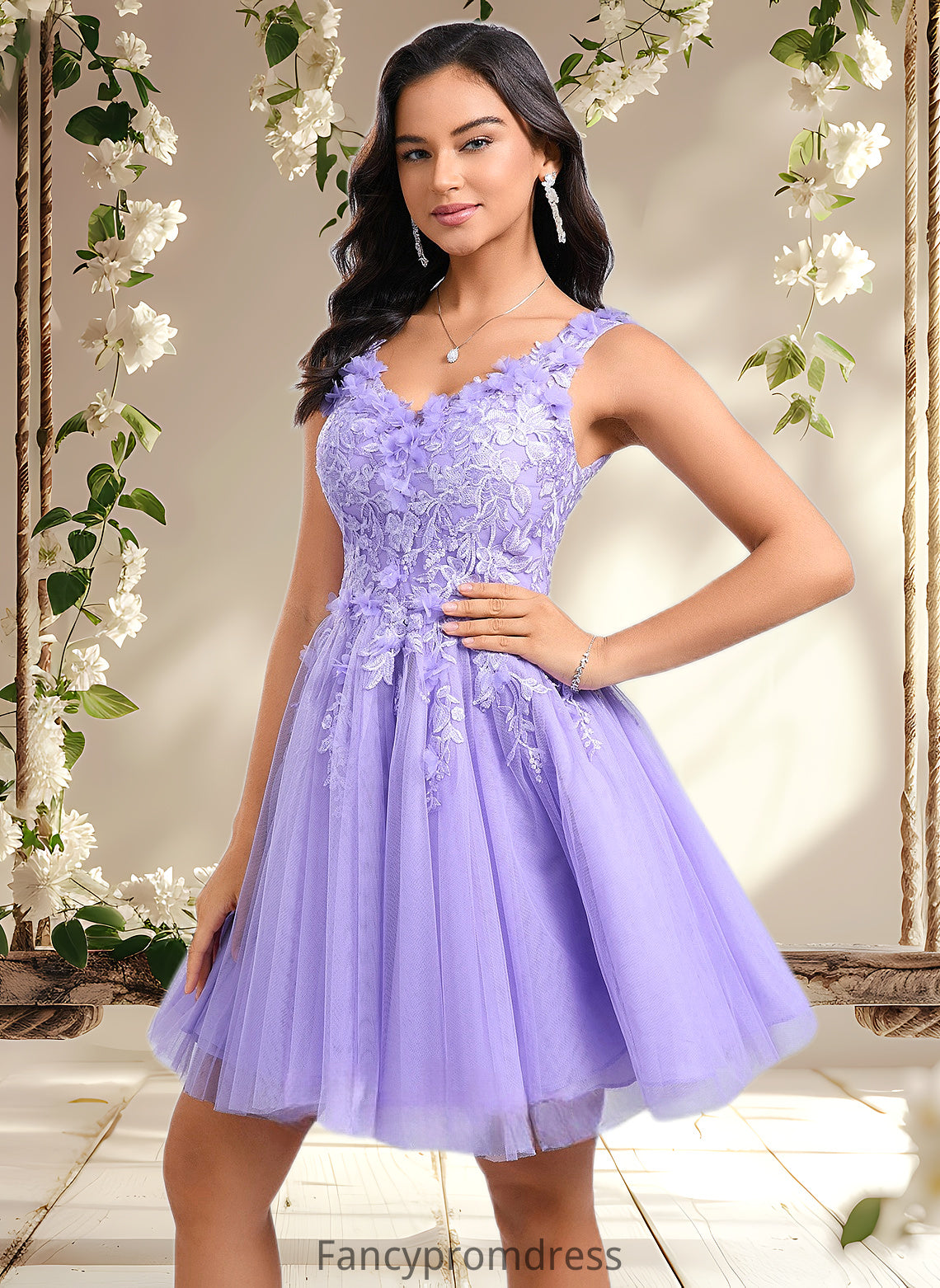 Lilith Ball-Gown/Princess V-Neck Short Lace Tulle Homecoming Dress With Flower DRP0025656