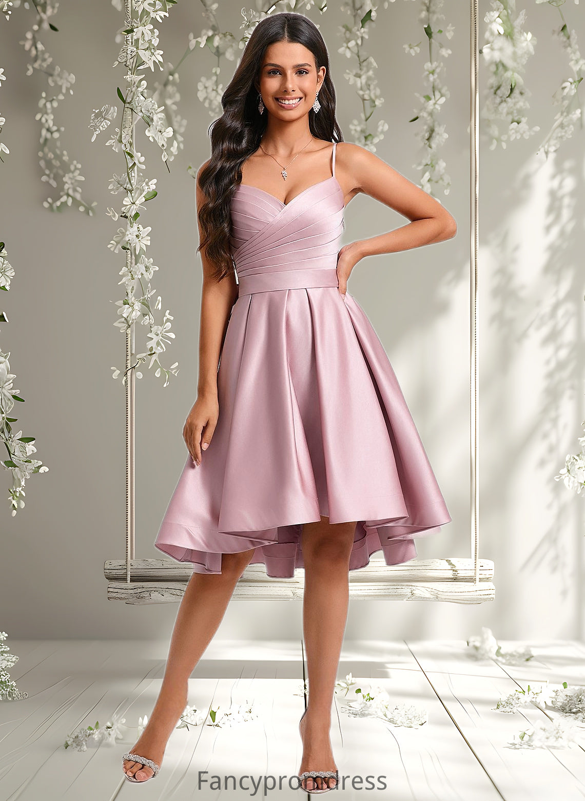 Jade A-line V-Neck Asymmetrical Satin Homecoming Dress With Bow Pleated DRP0025699