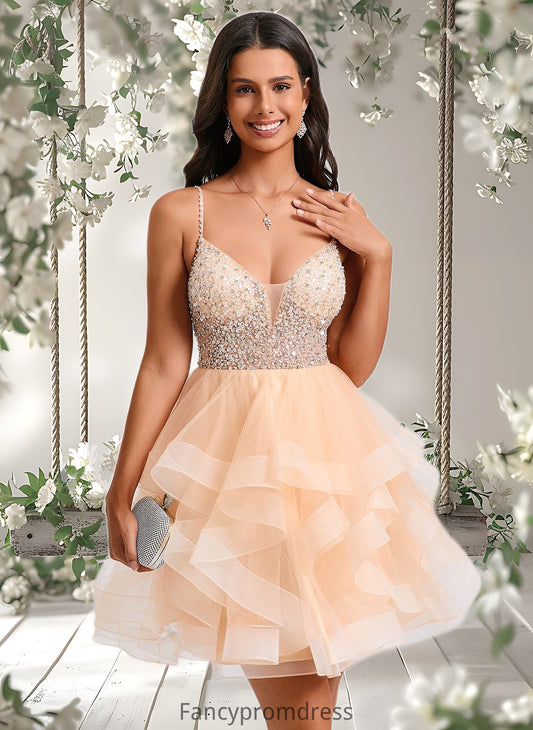 Aylin Ball-Gown/Princess V-Neck Short Tulle Homecoming Dress With Beading Sequins DRP0025646