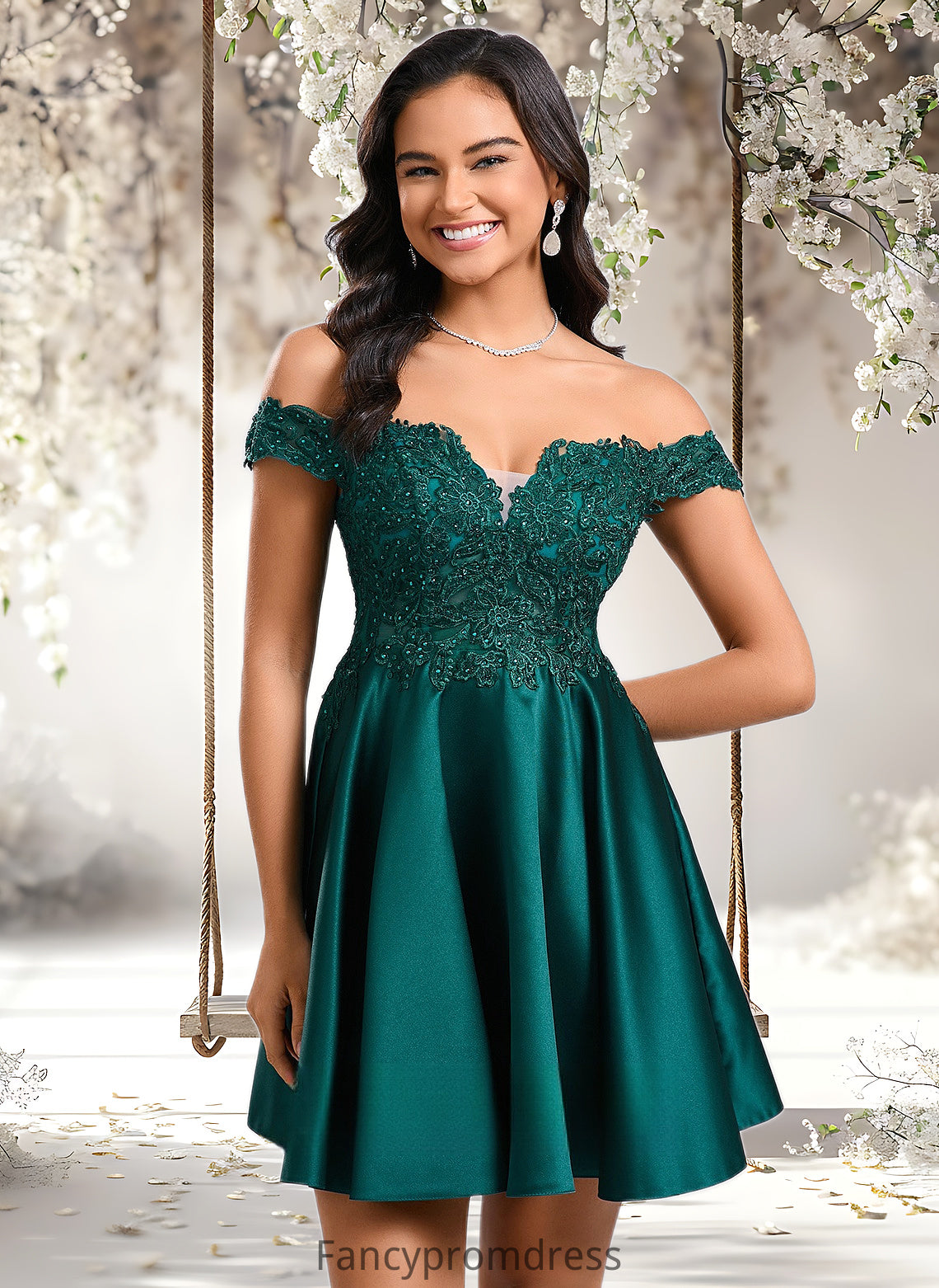 Nell A-line Off the Shoulder Short Lace Satin Homecoming Dress With Rhinestone DRP0025718