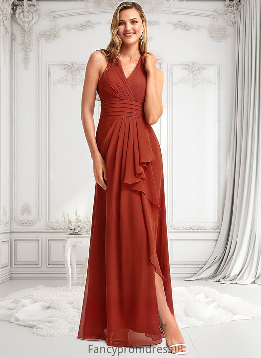 Kierra A-line V-Neck Floor-Length Chiffon Bridesmaid Dress With Ruffle DRP0025754