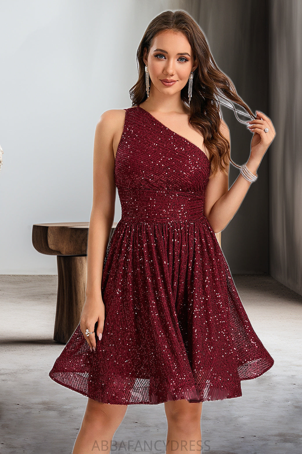 Christina A-line One Shoulder Short/Mini Sequin Homecoming Dress With Sequins DRP0020485